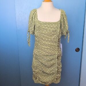 NWT Lumiere Green Polka Dot Ruched Dress